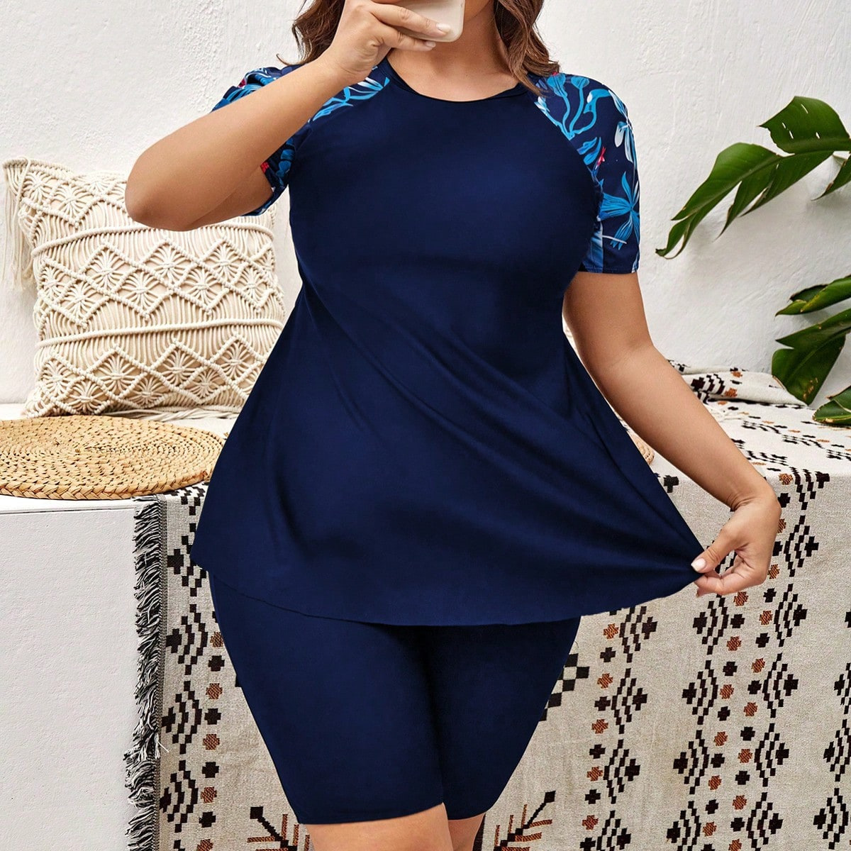 Plus Size Floral Print Two-Piece Set High Waist Surf Swimwear Sports Beachwear
